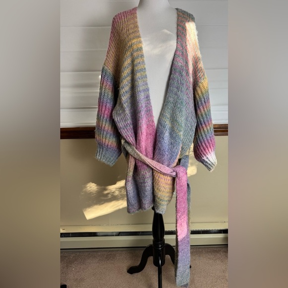 Rare LoveShackFancy Brady Shawl Pastel Rainbow Oversized Knit Cardigan Belted - Picture 2 of 8